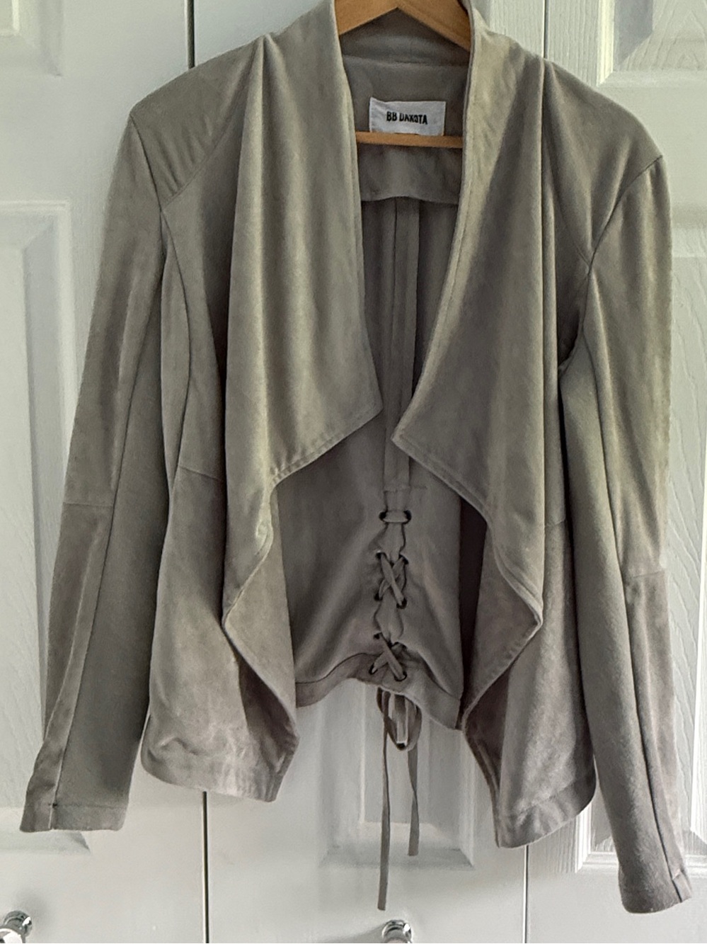 BB Dakota Gray Suede-Look Draped Jacket with Lace-Up Back